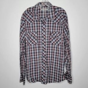 Mens Cinch Western Shirt Long Sleeve XL Pearl Snap Front Pockets Plaid Gray Blue